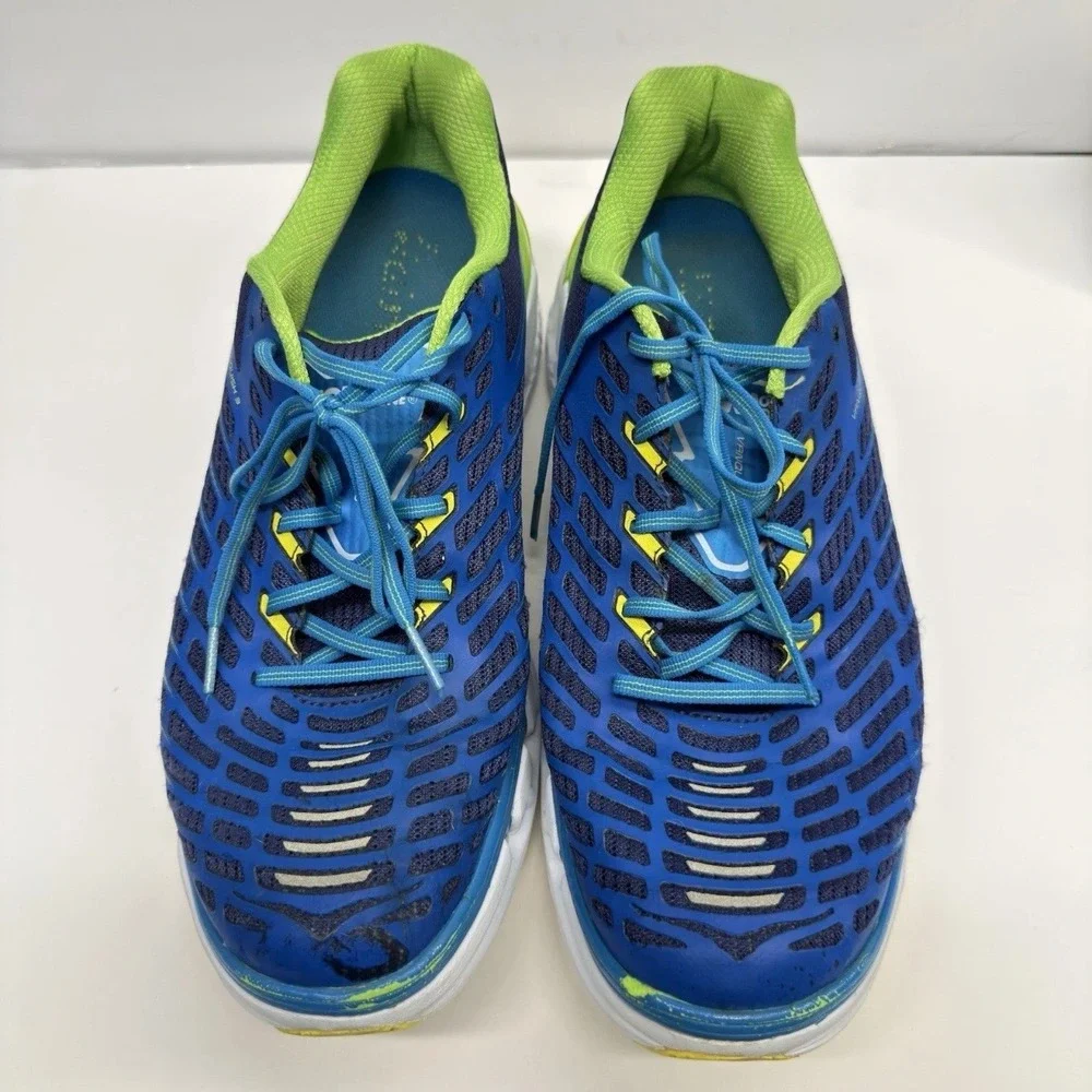 Hoka One One Vanquish 3 Mens 12 Running Shoes Mesh Blue Lime Green Geometric